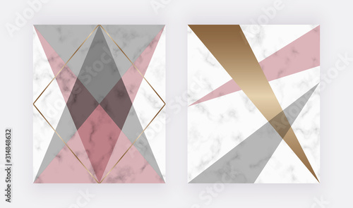 Pink, grey and gold triangular shapes. Geometric cover design on the marble texture. Modern backgrounds for menu, banner, card, flyer, invitation, product package, brochure.