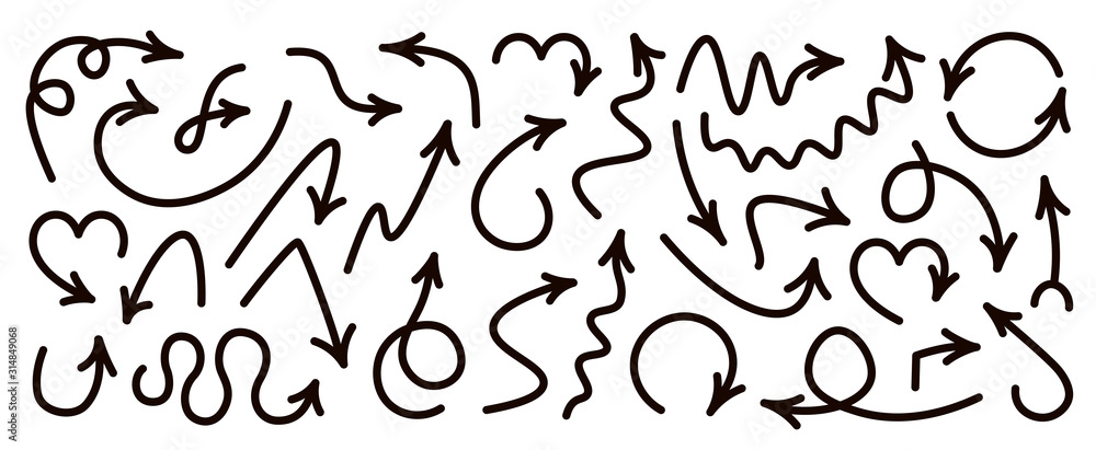 Set of black curved doodle arrows isolated on white background.