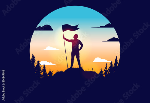 Raised flag on hill - proud man reached his goal, holding a flag on a hilltop. Successful, winner, proudness and achievement concept. Circular vector illustration. photo