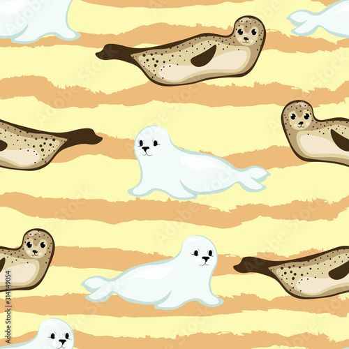 Vector animals cartoon seals seamless pattern on yellow background with waves. Concept for print  textile  cards  wallpaper  wrapping paper