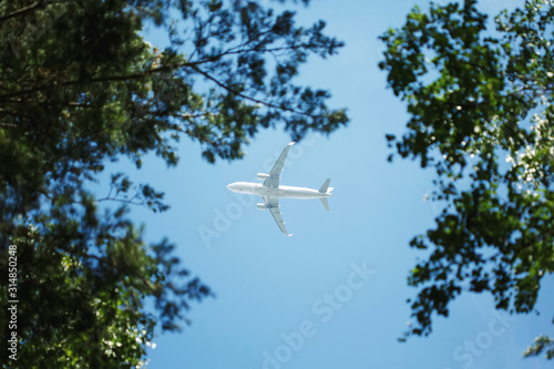 Bottom view on jet airplane flying in the sky overhead