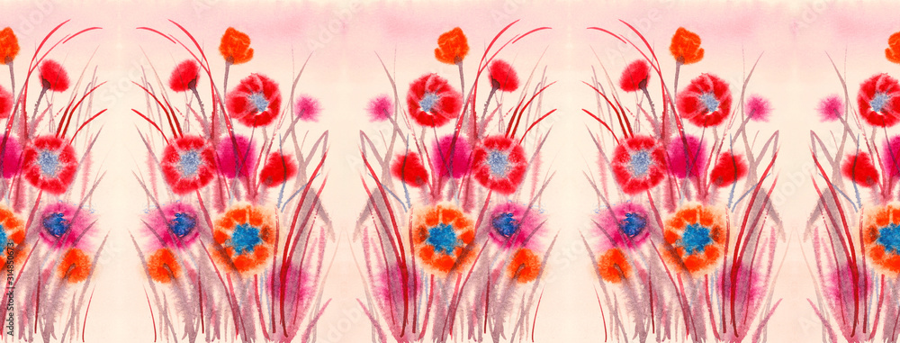 Seamless horizontal border with red and pink poppies. Hand drawn watercolour wild flowers on a spring meadow