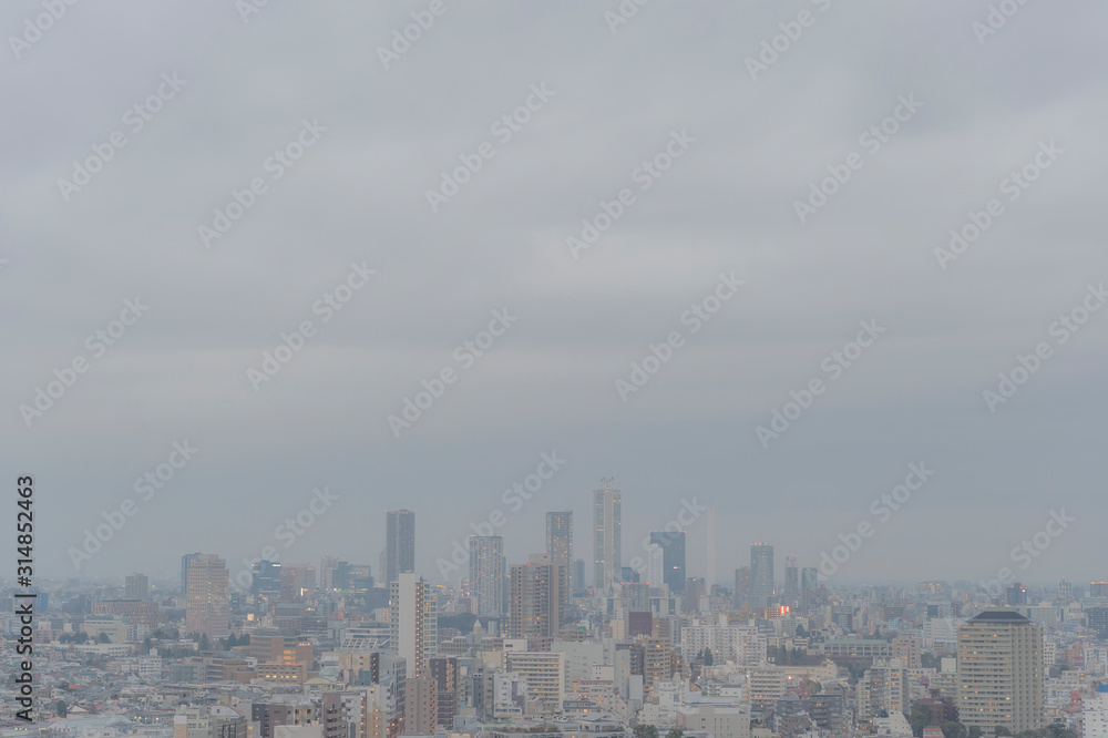 東京都文京区後楽園から見る曇りの日の東京の夕景