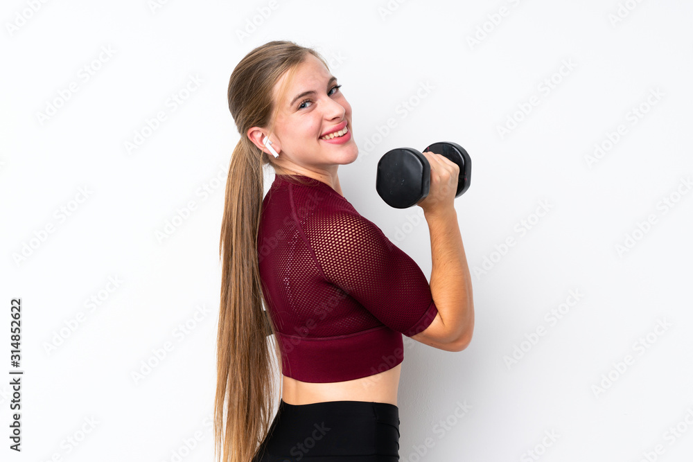 Sport teenager girl over isolated white background making weightlifting Sport teenager girl over isolated white background making weightlifting
