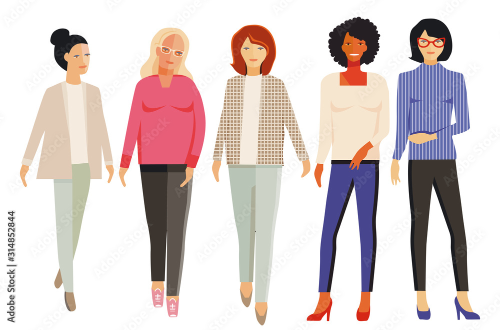 fünf junge Frauen stehen zusammen, Menschengruppe fünf junge Frauen stehen zusammen, Menschengruppe