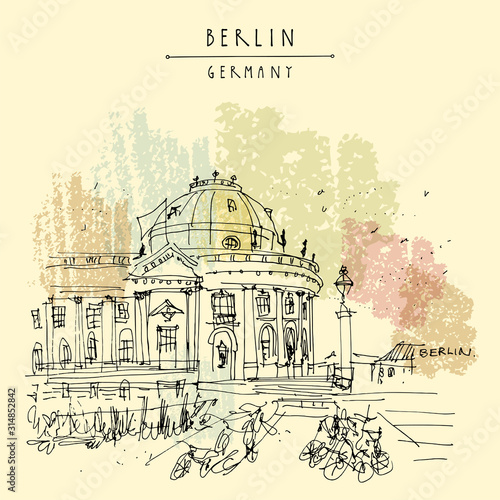 Berlin, Germany, Europe. Museum Island, river Spree, Bode Museum. Freehand drawing. Travel sketch. Vintage touristic postcard, poster, book illustration