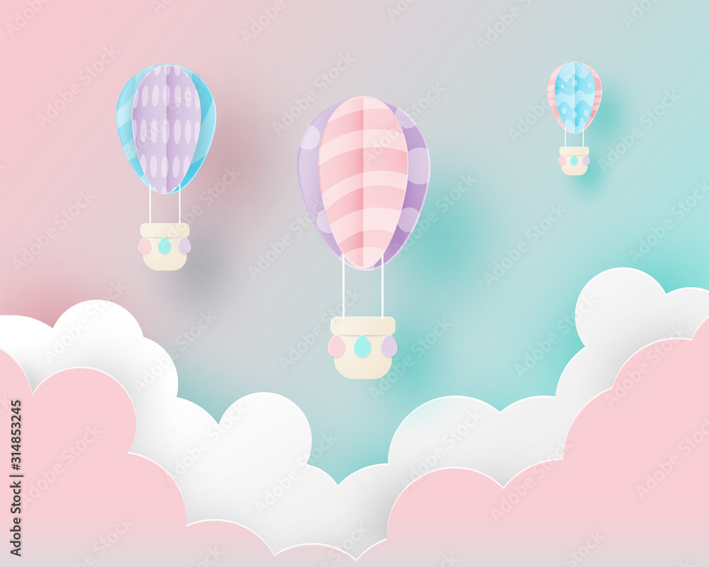 Easter background concept with Easter egg balloon in sky in paper cut style. Pastel color.