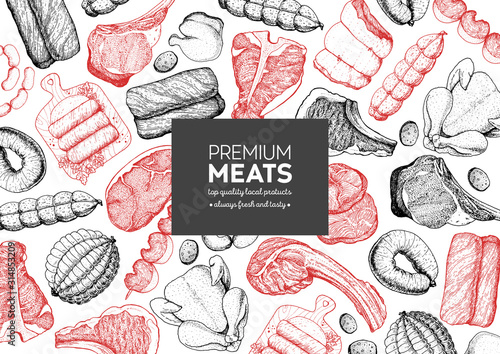 Meat products top view frame. Vector illustration. Engraved design. Hand drawn illustration. Pieces of meat design template. Great for package design. Chicken, beef, pork, sausage, lamb, ham sketch.