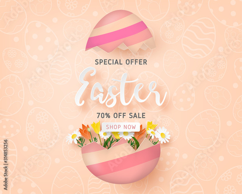Happy Easter sale banner template with Easter egg and flower on background in paper cut style. Vector illustration. Poster, banner, flyer, backdrop, brochure.
