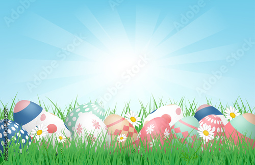 3D Happy Easter background with Colorful Easter Eggs on grass field with sunlight. Vector illustration. Banner, backdrop, spring, poster.