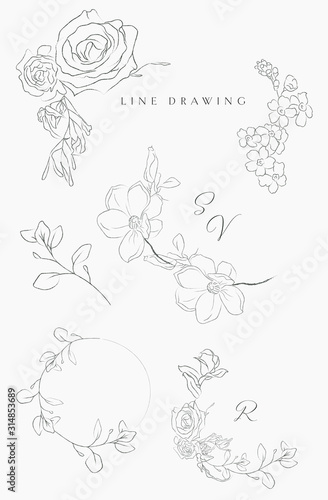 Collection of delicate line drawing vector floral wreaths frames. hand drawn delicate flowers, branches, leaves, blossom. Botanical illustration. Leaf logo. Magnolia, Forget me not, petals