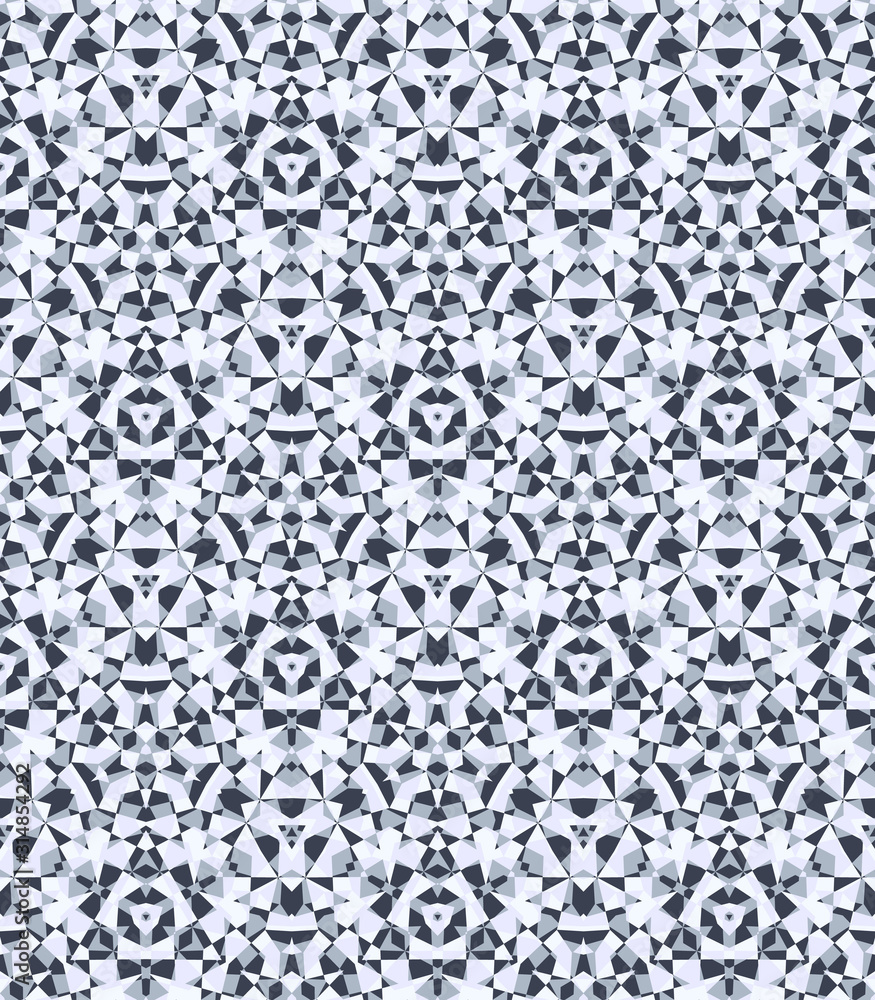 Abstract diamond background, seamless geometric pattern, elegant crystal texture, repeating kaleidoscopic ornament in neutral grey colors