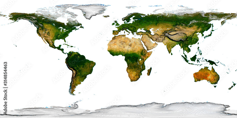 Real detail world map of continents. Isolated on white fone. Real color of continents. Scene