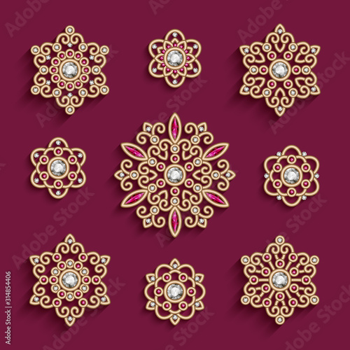 Fototapeta Elegant set of jewelry gold circle ornaments decorated with diamonds and ruby ge