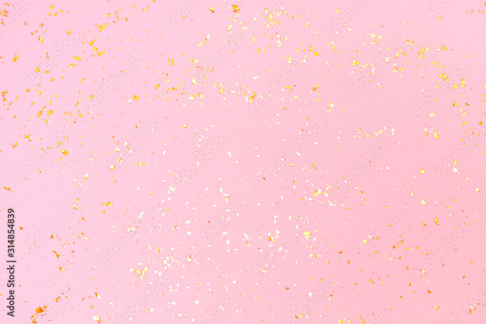 Golden sparkles on pink pastel trendy background. Festive backdrop for your projects. - obrazy, fototapety, plakaty 