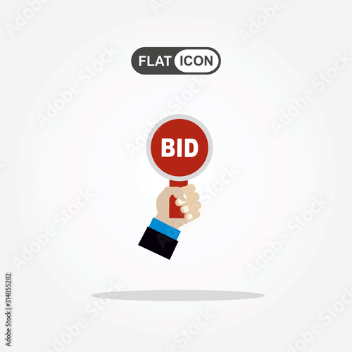 Hand holds paddle with BID inscriptions. Auction competition. Business bidding process. Buying things by offering price, trade. Vector illustration. Flat style design