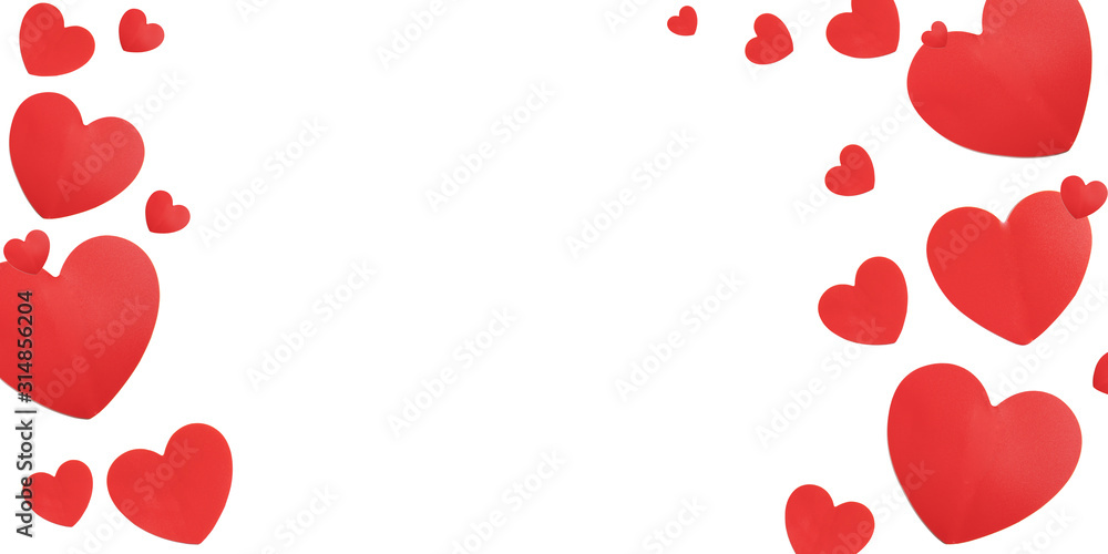 Red paper hearts isolated on white background. Valentine's Day background.