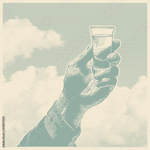 Male hand holding a shot of alcohol drink and clouds, retro engraving style. design element. vector illustration