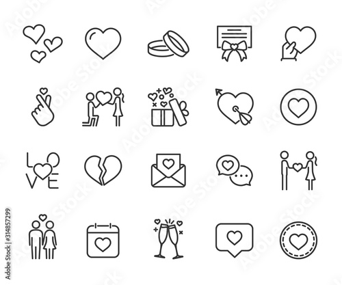 Vector set of love line icons. Contains icons of heart, wedding rings, couple in love, broken heart, Korean love sign, Valentines day and more. Pixel perfect, scalable 24, 48, 96 pixels.
