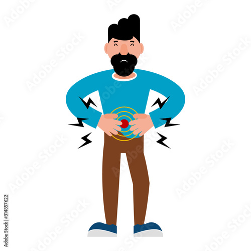 Stomach ache vector illustration. Male cartoon character with abdominal pain. Diarrhea, cramp, stomach sickness or other health problems.