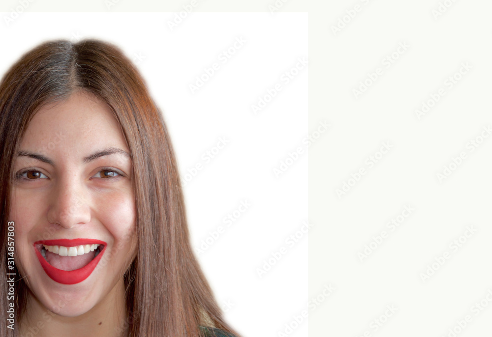 Happy young woman with red painted lips and loose hair Happy young woman with red painted lips and loose hair