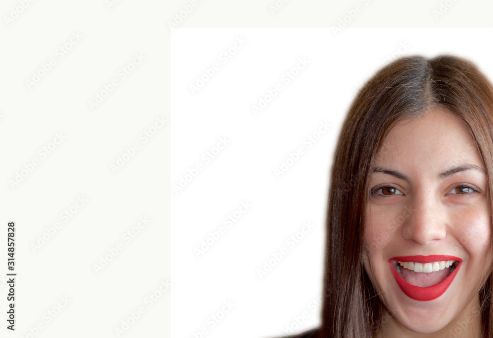 Happy young woman with red painted lips and loose hair Happy young woman with red painted lips and loose hair
