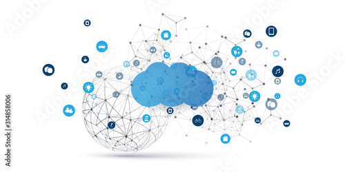 Cloud Computing Design Concept - Digital Connections, Technology Background with Wireframe Sphere and Geometric Network Mesh