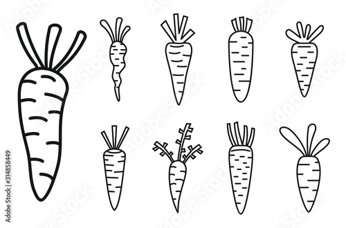 Food carrot icons set. Outline set of food carrot vector icons for web design isolated on white background