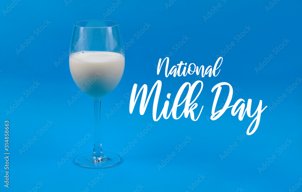 National Milk Day. Glass of milk on a blue background stock images. Milk in a wine glass. Wine glass with milk on a blue background National Milk Day. Glass of milk on a blue background stock images. Milk in a wine glass. Wine glass with milk on a blue background