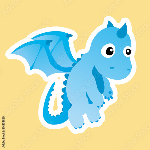 Sticker of Blue Baby Dragon Cartoon  Cute Funny Character  Flat Design