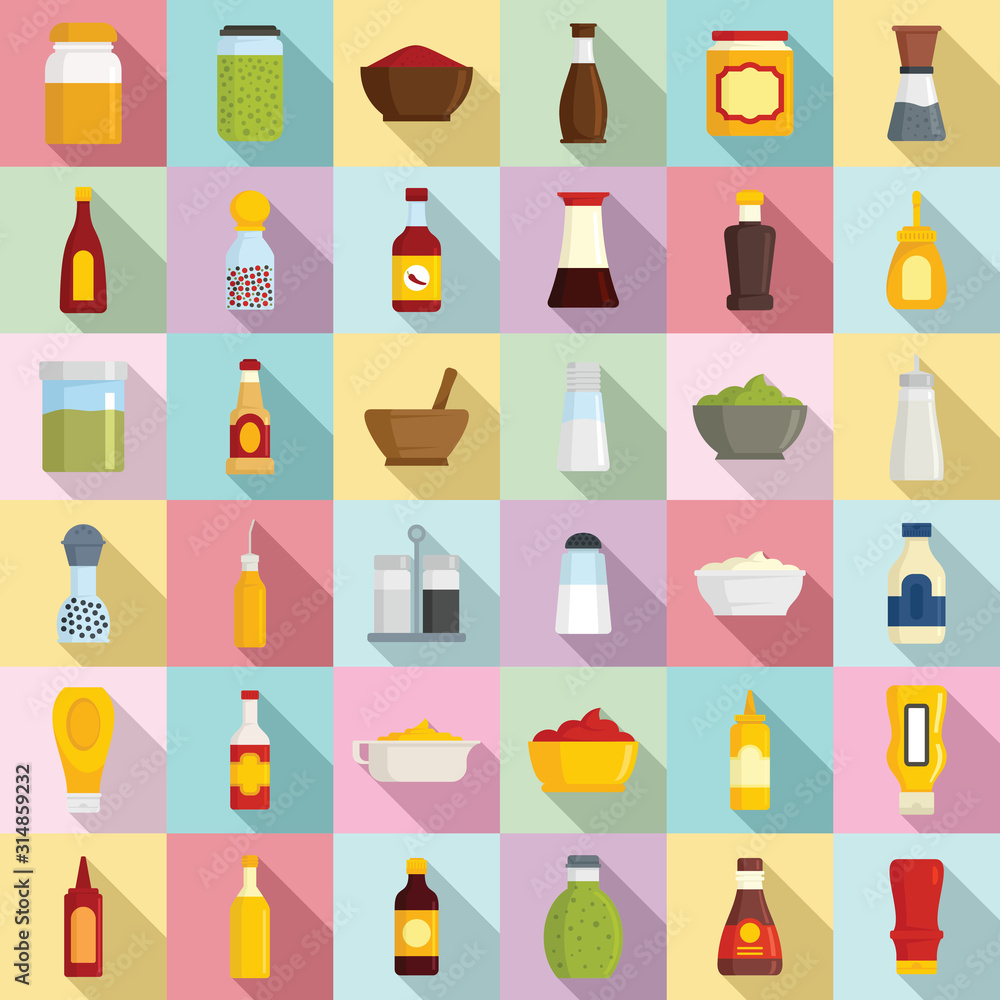 Condiment icons set. Flat set of condiment vector icons for web design Condiment icons set. Flat set of condiment vector icons for web design