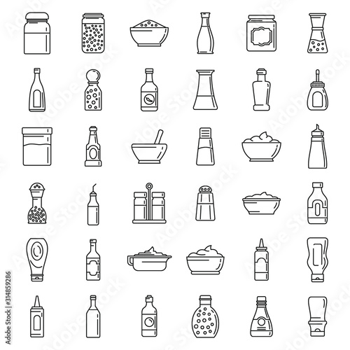 Condiment food icons set. Outline set of condiment food vector icons for web design isolated on white background