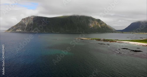4K Lofoten islands. Beautiful scenery of the beach and coast line. Birds eye view drone footage
