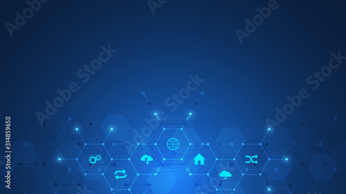 Technology background with flat icons and symbols. Concept and idea for internet of things, communication, network, innovation technology, system integration. Vector illustration.