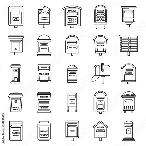 Metal mailbox icons set. Outline set of metal mailbox vector icons for web design isolated on white background