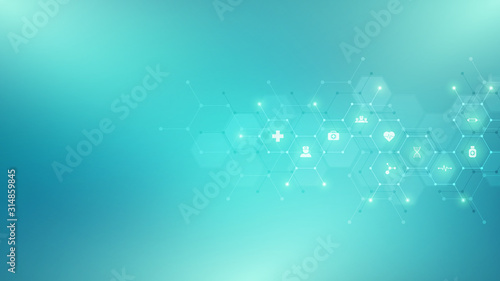 Abstract background of medicine with flat icons and symbols. Template design with concept and idea for healthcare technology, innovation medicine, health, science and research. Vector illustration.