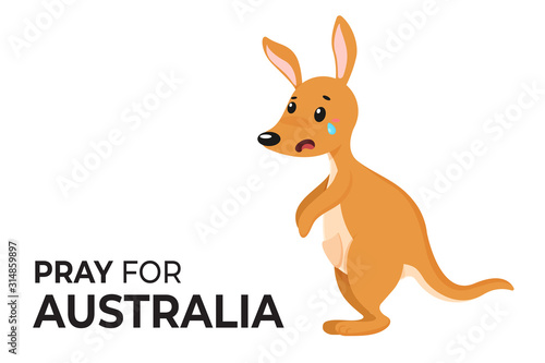 Cartoon kangaroo mother crying because of fear from forest fires in Australia with the message "Pray for Australia".