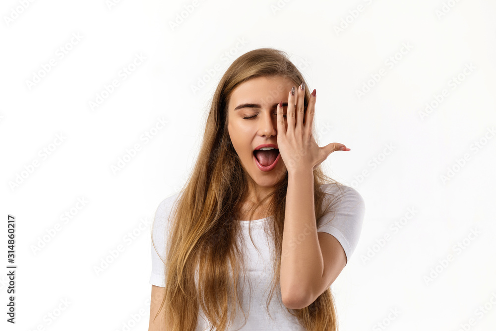 Portrait of shocked woman having wide open mouth gesturing palms on white background Portrait of shocked woman having wide open mouth gesturing palms on white background