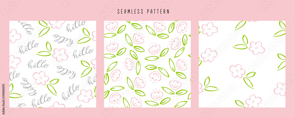 Set of elegant seamless patterns with hand drawn decorative spring flowers. Floral patterns for wedding invitations, greeting cards, scrapbooking, print, gift wrap, manufacturing. Set of elegant seamless patterns with hand drawn decorative spring flowers. Floral patterns for wedding invitations, greeting cards, scrapbooking, print, gift wrap, manufacturing.