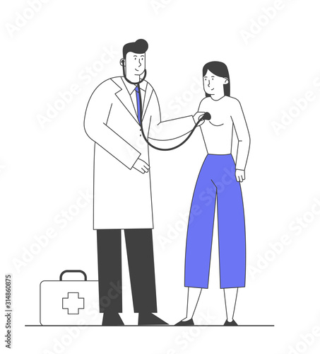 Illness and Seasonal Sickness Concept. Male Doctor Character Visiting Patient Listen Heart Beating to Ill Woman Having Cold Virus, Caught or Flu Disease. Cartoon Flat Vector Illustration, Line Art