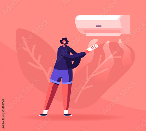 Modern Technologies and Smart Home Devices Concept. Happy Woman Controlling Temperature Condition in Apartment Using Remote Control for Air Conditioner. Wireless Iot Cartoon Flat Vector Illustration