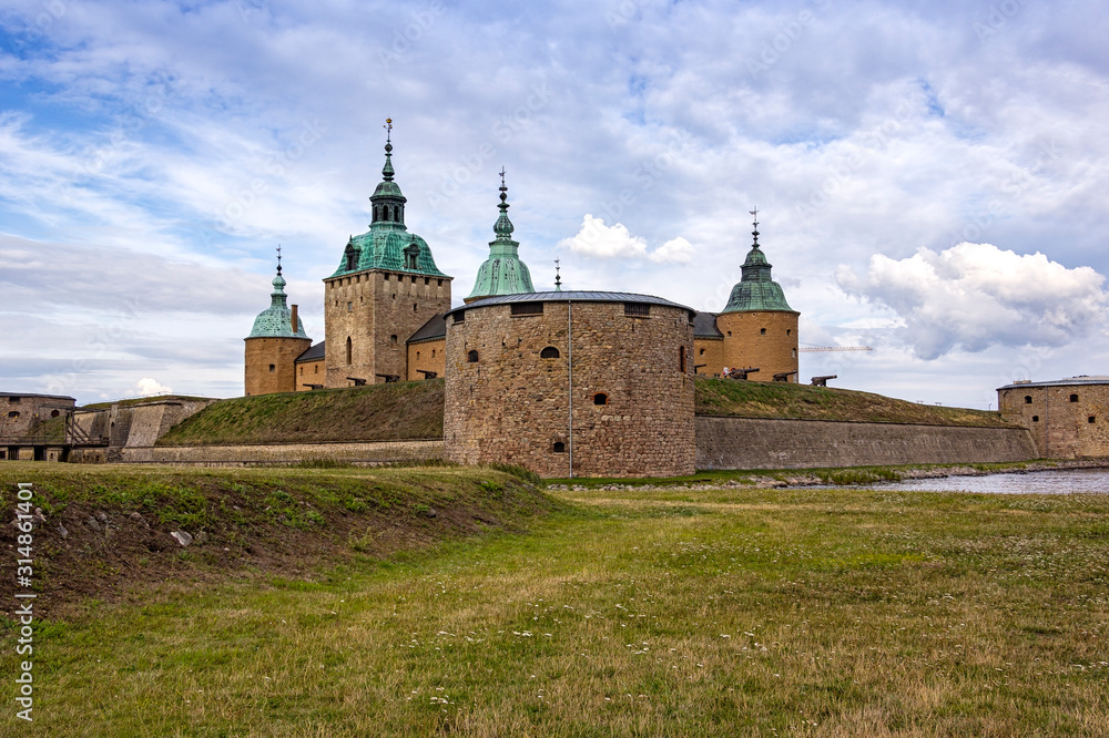 View of the outer front of the old castle in Kalmar, swedish town.