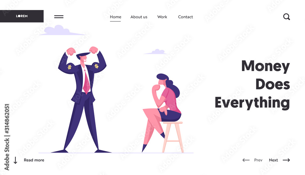 Most Great Financial Results Website Landing Page. Boastful Businessman Demonstrate Muscles with Dollar Sing to Thoughtful Businesswoman Look on him Web Page Banner. Cartoon Flat Vector Illustration