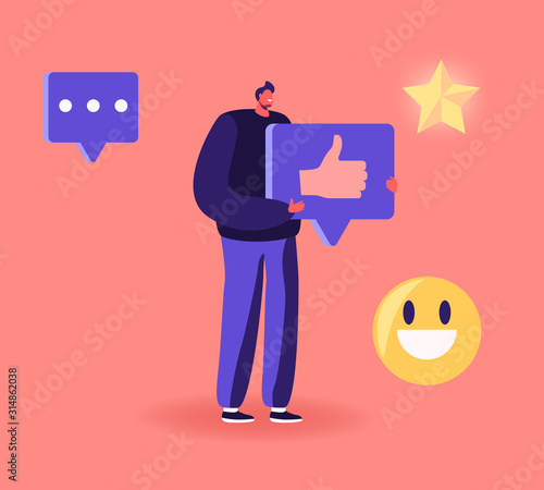 Male Character Holding Huge Thumb Up Sign in Hands with Different Social Media Icons Around. Follower Giving Like to Media Blogger or Post in Internet Network. Cartoon Flat Vector Illustration