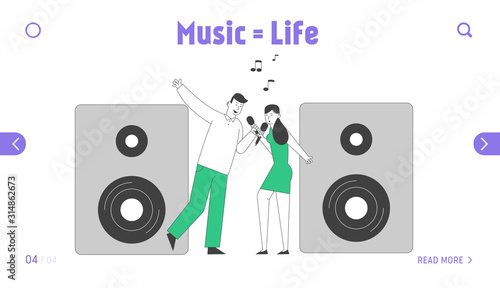 Weekend Sparetime, Creative Hobby, Corporate Party Celebration Website Landing Page. Couple Singing Song with Microphones in Karaoke Bar Web Page Banner. Cartoon Flat Vector Illustration, Line Art
