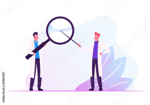 Couple of Male Doctors in Medical Robe Holding Huge Magnifier in Hands Pointing through Glass. Hospital Healthcare Staff at Work. Medicine Profession, Occupation. Cartoon Flat Vector Illustration