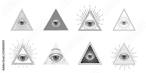 All seeing eye, freemason symbol in triangle with light ray, tattoo design photo