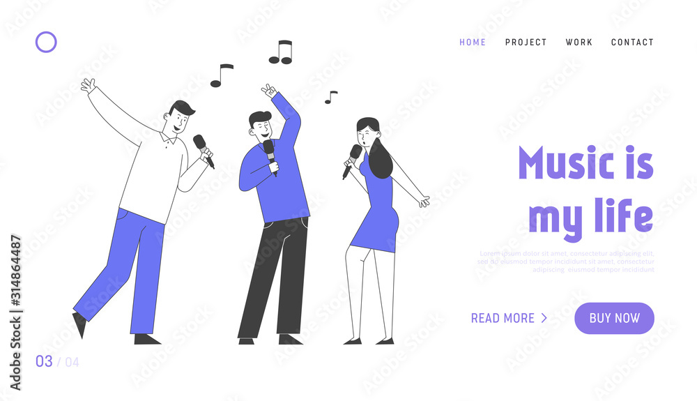 Corporate Party Celebration, Relax Website Landing Page. Happy Friends Company Holding Microphones Singing in Karaoke Club, Active Weekend Web Page Banner. Cartoon Flat Vector Illustration, Line Art