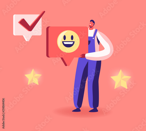 Cheerful Man Wearing Working Robe Holding Huge Smile Sign in Hands with Rating Star and Check Mark Icons around. Male Character Giving Thanks in Internet Networks Cartoon Flat Vector Illustration