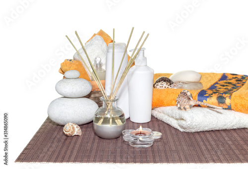 Personal hygiene items, towels on a table close-up